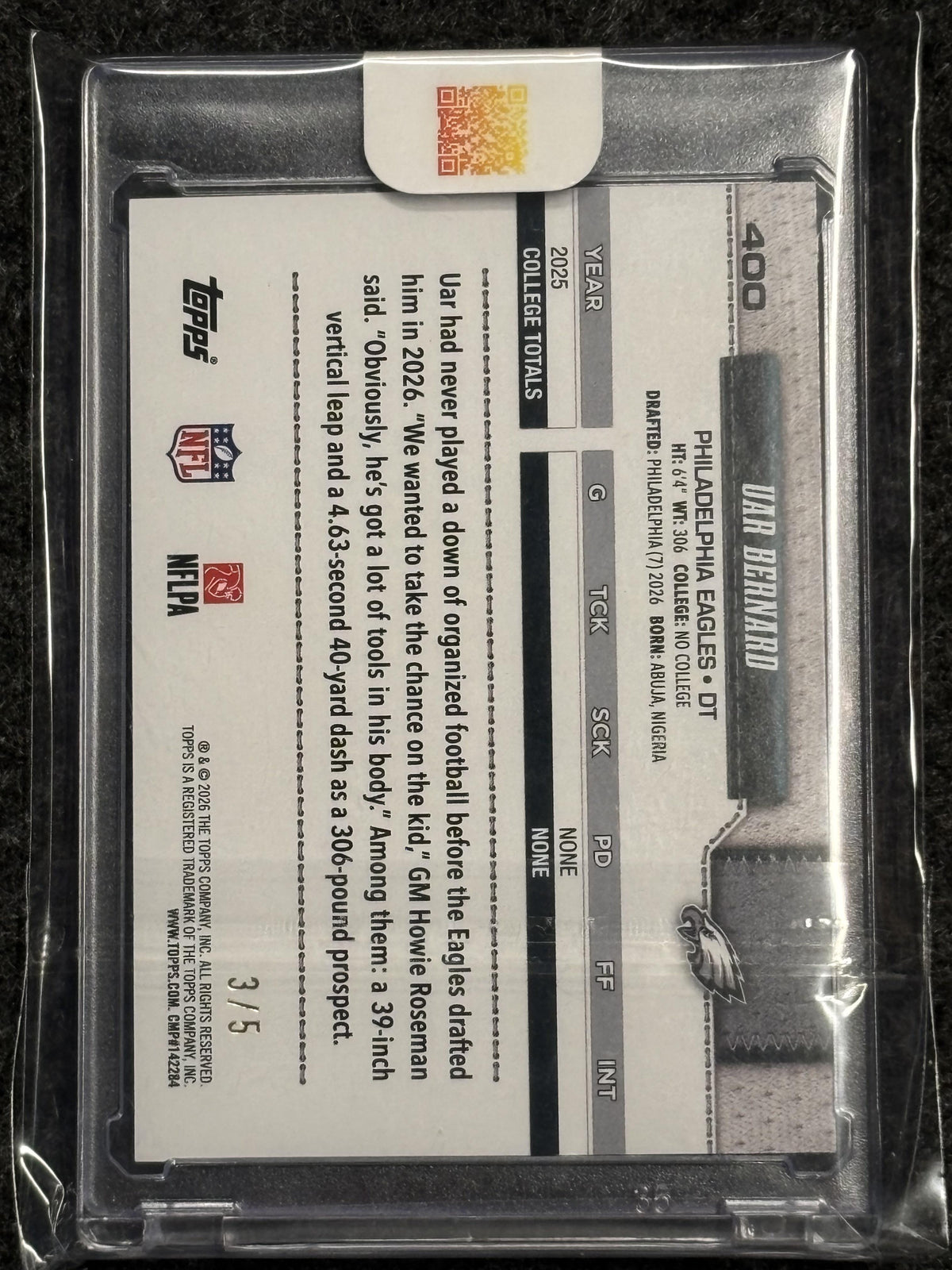 2026 Topps Flagship #400 Uar Bernard Red Sandglitter #/5 Philadelphia Eagles SN