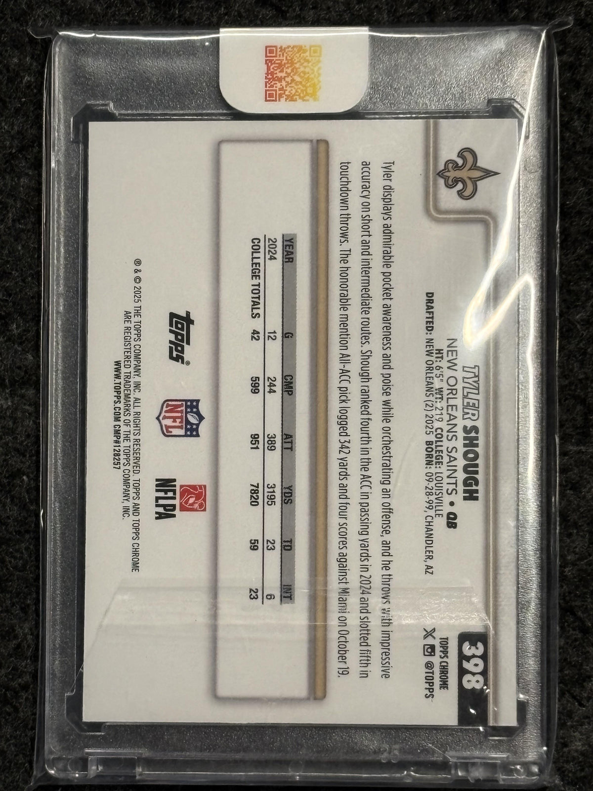 2025 Topps Chrome #398 Tyler Shough Green Geometric Refractor Jersey Match New Orleans Saints SN, RC