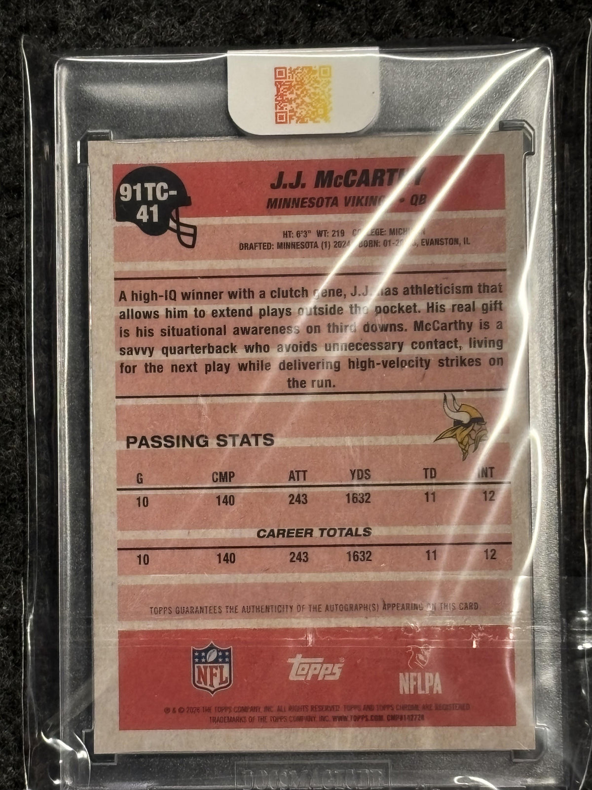 2026 Topps Flagship #91TC-41 J.J. McCarthy 1991 Topps Chrome Orange /25 Auto Minnesota Vikings SN