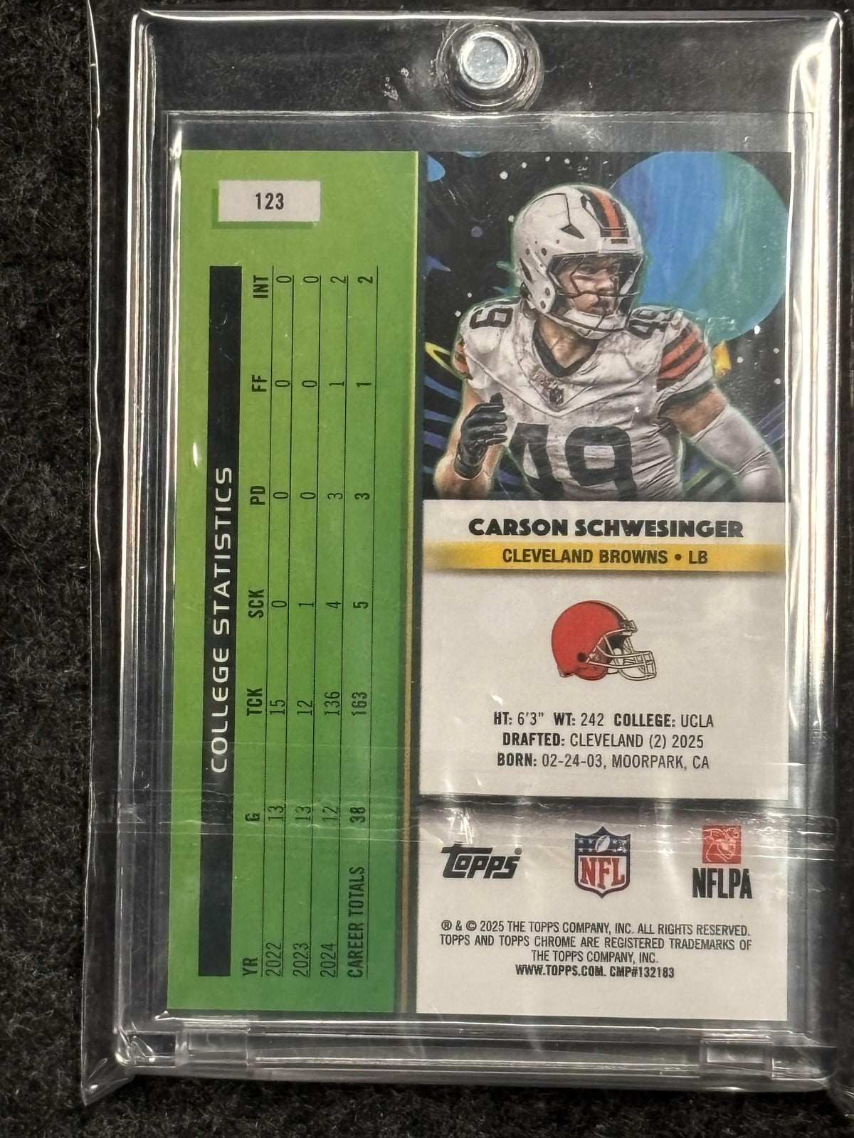 2025 Topps Chrome Cosmic #123 Carson Schwesinger Gold Interstellar Refractor #/50 Cleveland Browns SN, RC
