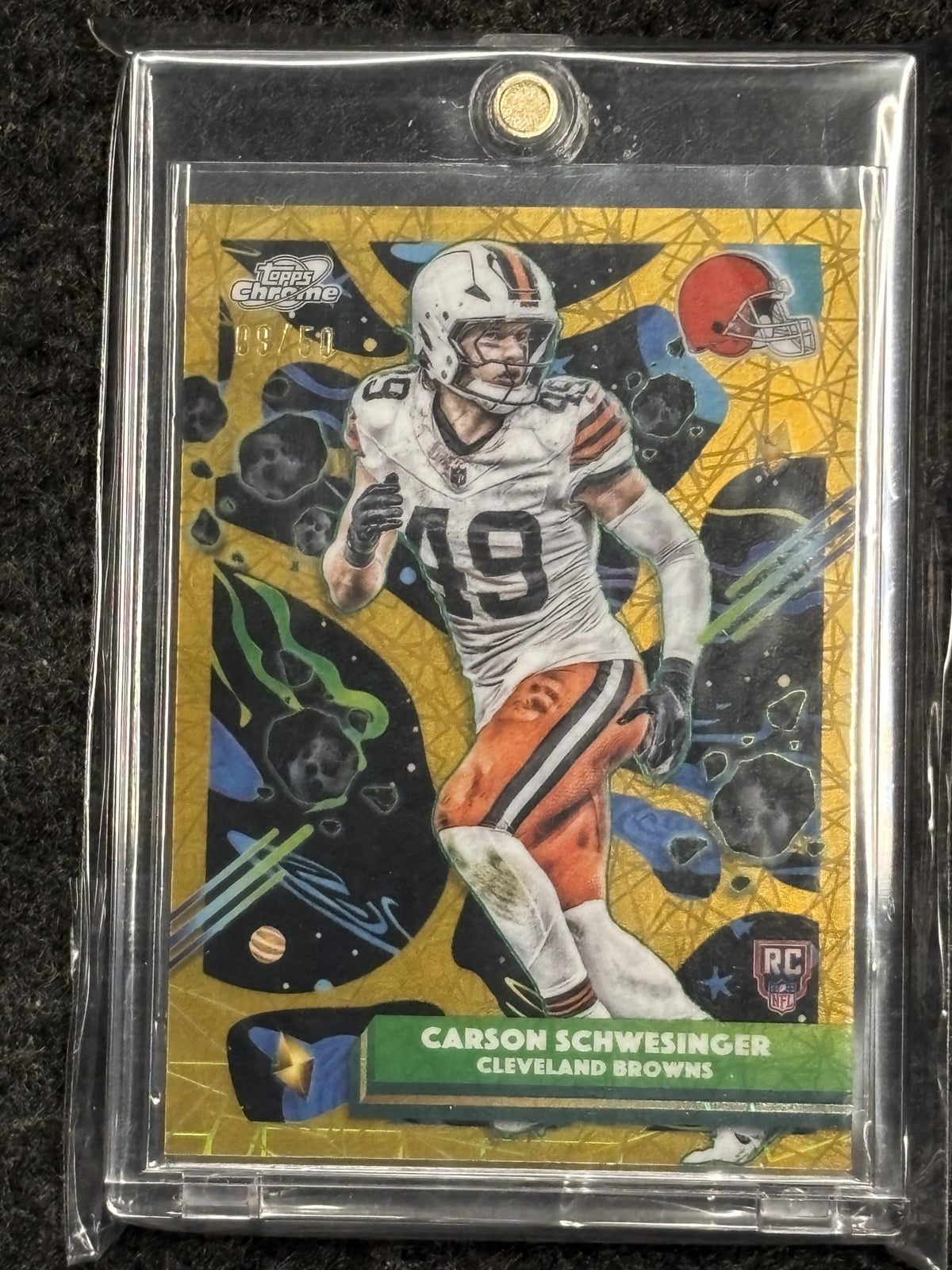 2025 Topps Chrome Cosmic #123 Carson Schwesinger Gold Interstellar Refractor #/50 Cleveland Browns SN, RC