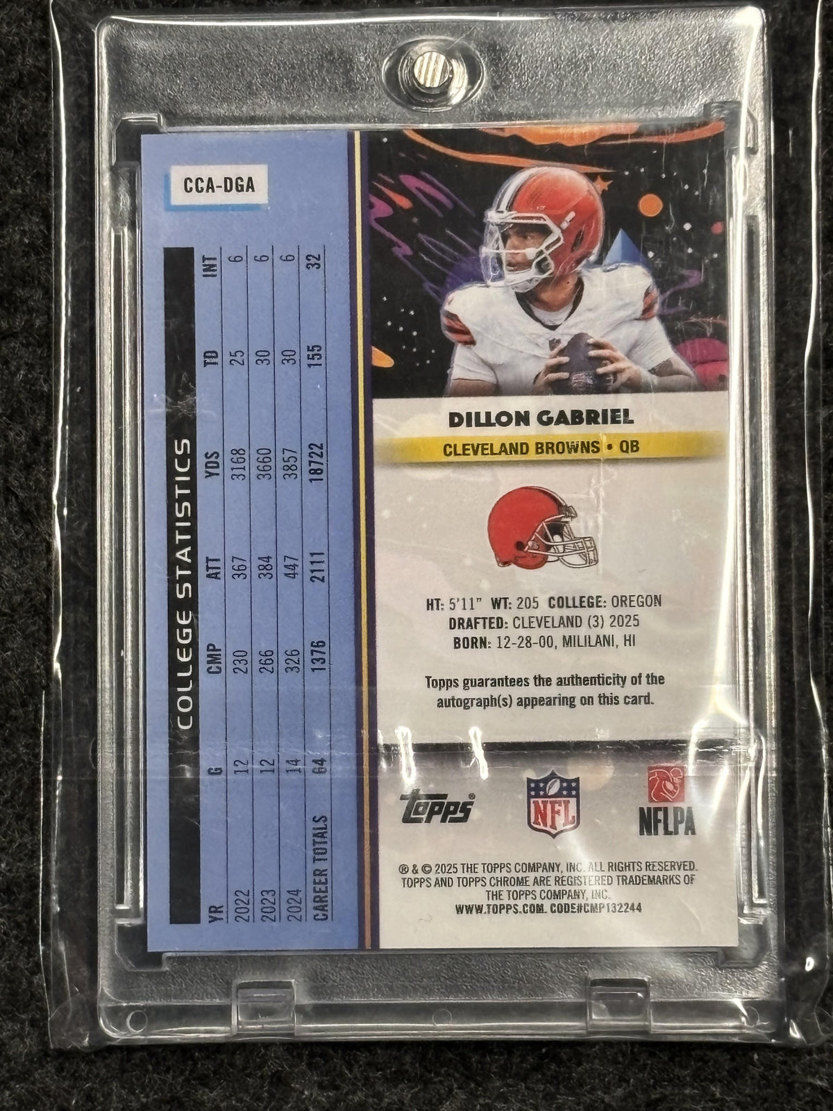 2025 Topps Chrome Cosmic #CCA-DGA Dillon Gabriel Cosmic Chrome Autographs Gold Interstellar Refractor #/50 Cleveland Browns SN, AU