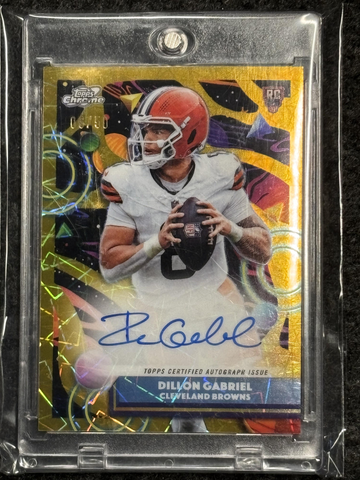 2025 Topps Chrome Cosmic #CCA-DGA Dillon Gabriel Cosmic Chrome Autographs Gold Interstellar Refractor #/50 Cleveland Browns SN, AU