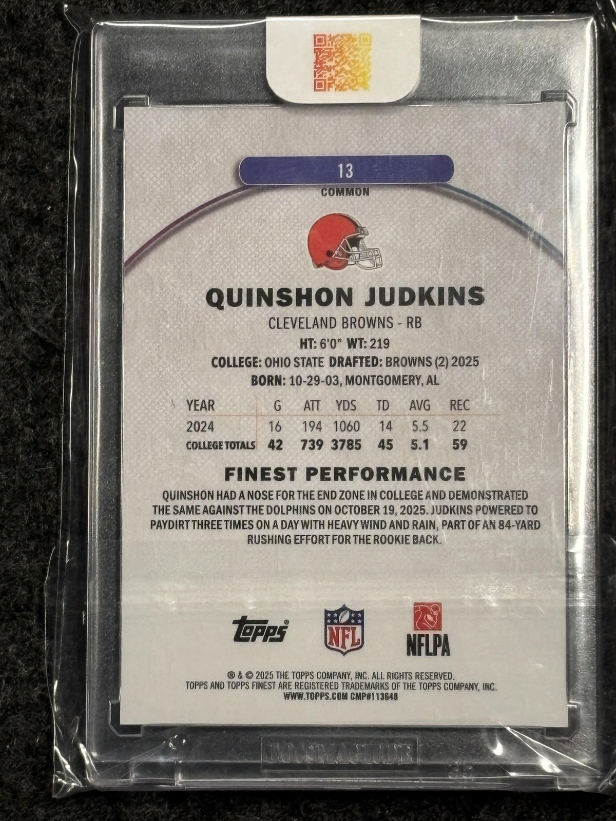 2025 Finest #13 Quinshon Judkins Orange Geometric Refractor #/25 Cleveland Browns SN, RC