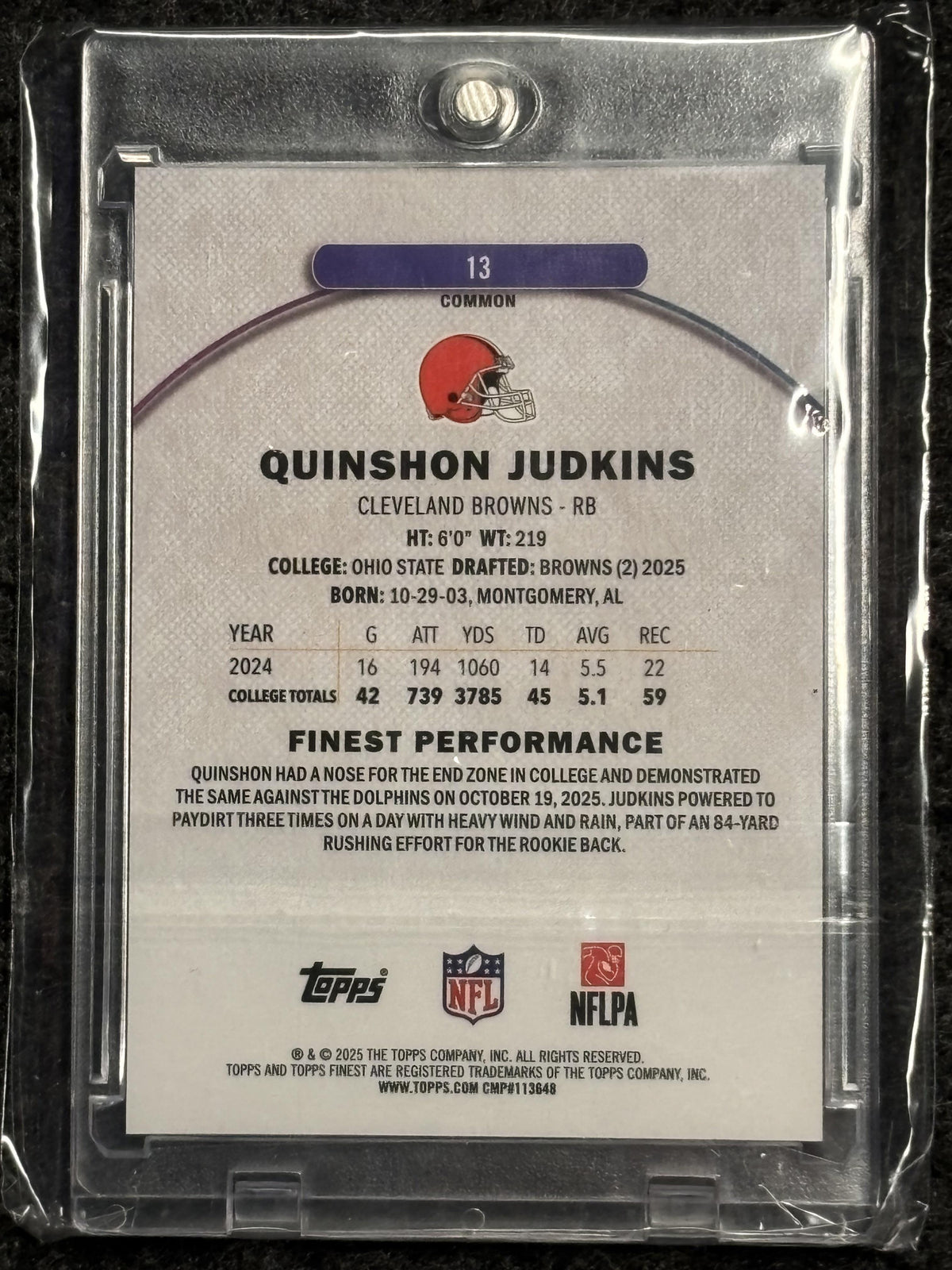 2025 Finest #13 Quinshon Judkins Black Geometric Refractor #/20 Cleveland Browns SN, RC