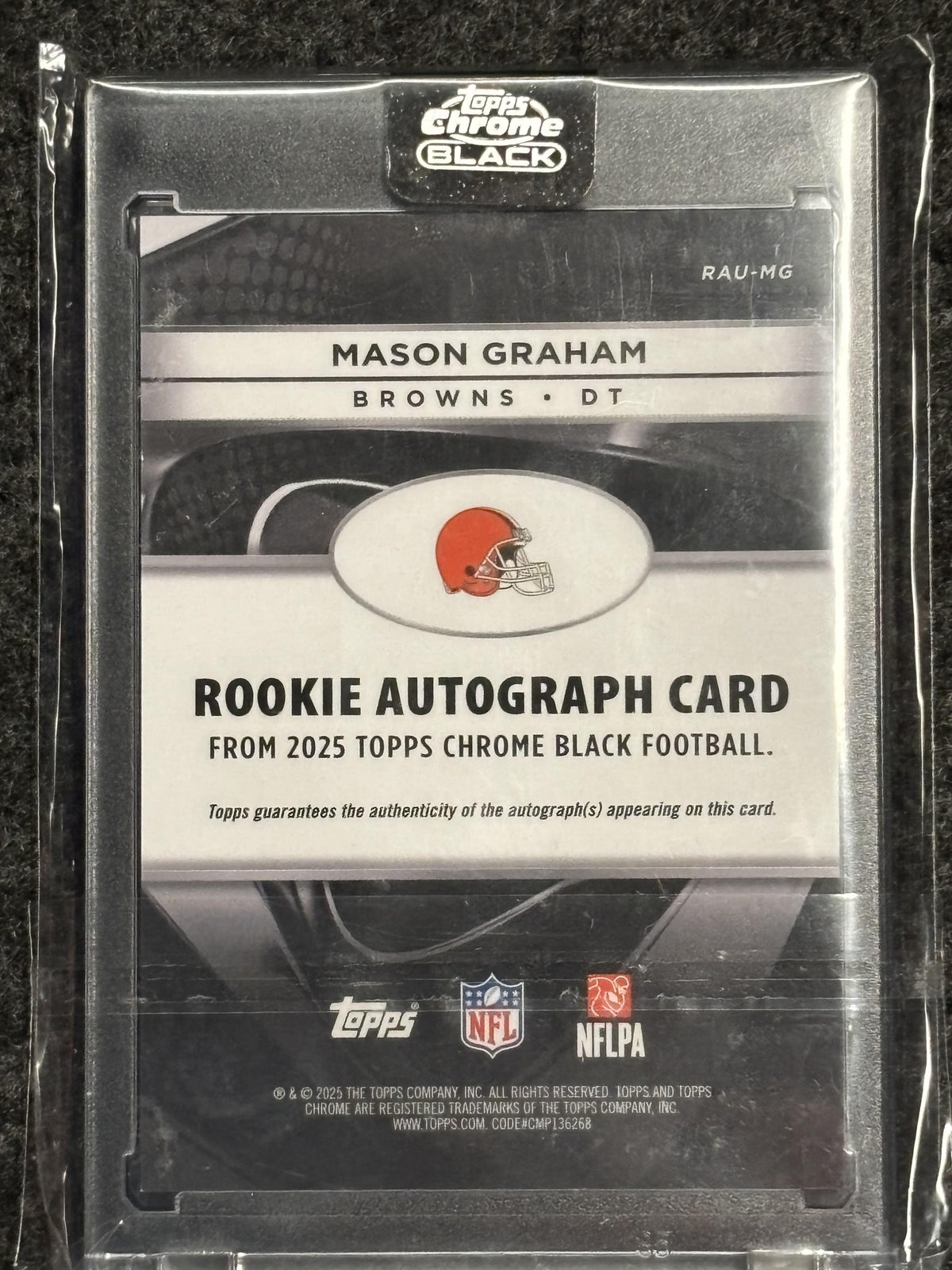 2025 Topps Chrome Black #RAU-MG Mason Graham Rookie Autographs Rose Gold Refractor #/15 Cleveland Browns SN, AU
