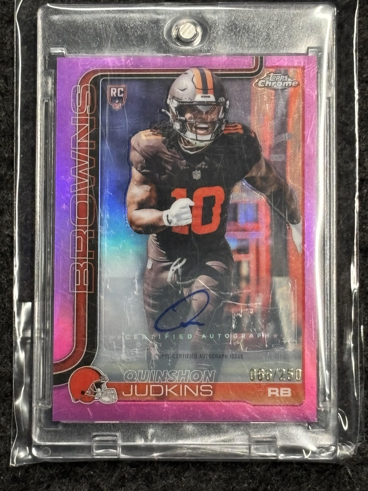 2025 Topps Chrome #RA-QJ Quinshon Judkins Chrome Rookie Autographs Pink Refractor #/250 Cleveland Browns SN, AU