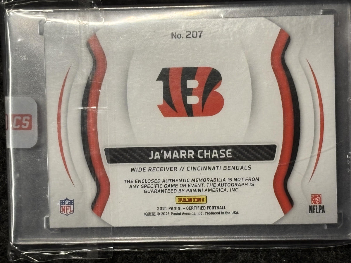 2021 Panini Certified #207 Ja'Marr Chase Freshman Fabric Mirror Signatures /10 Jersey# Cincinnati Bengals SN, RC, MEM, AU