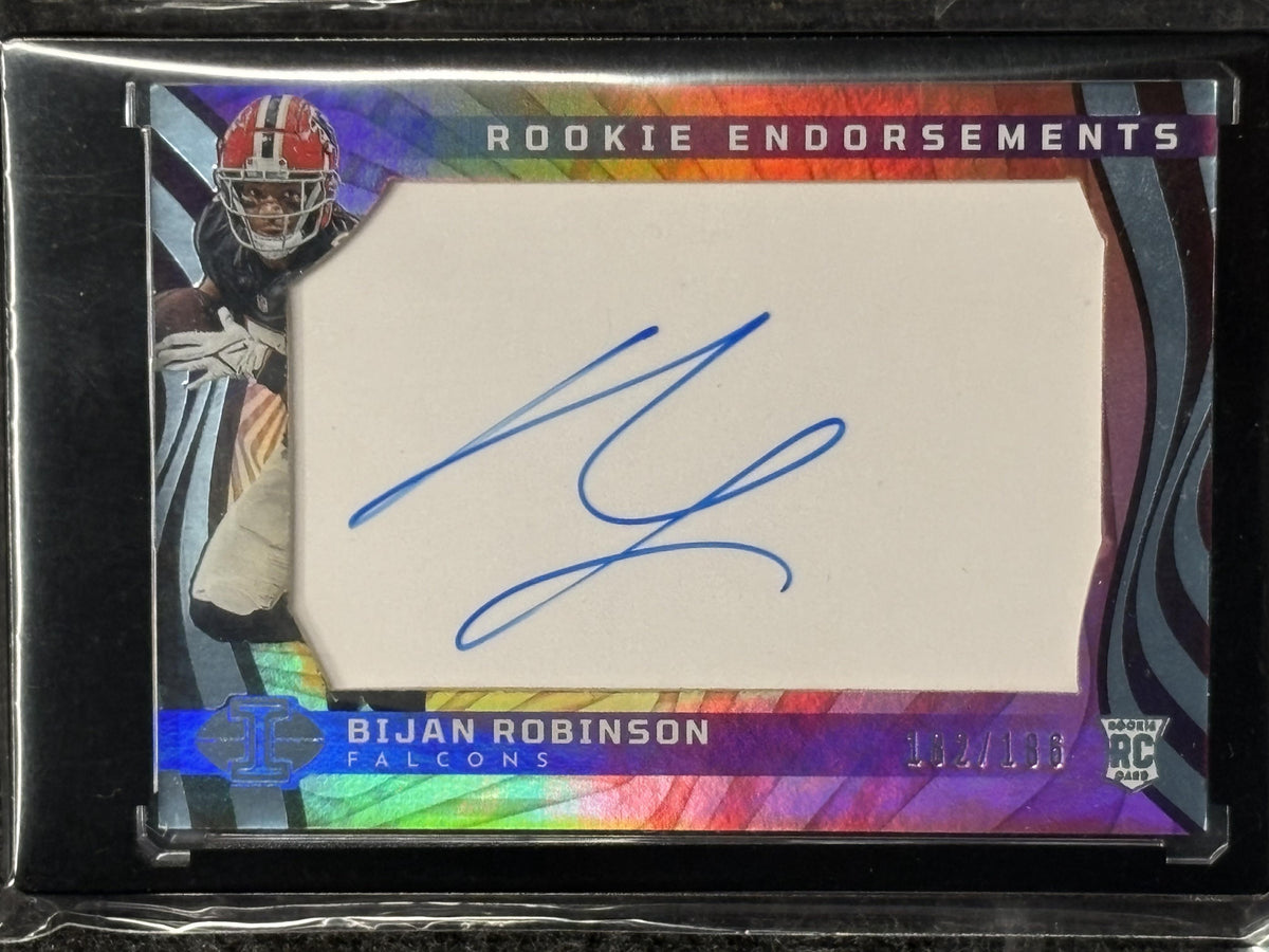 2023 Panini Illusions #RE-BRN Bijan Robinson Rookie Endorsements #/186 Atlanta Falcons SN, AU