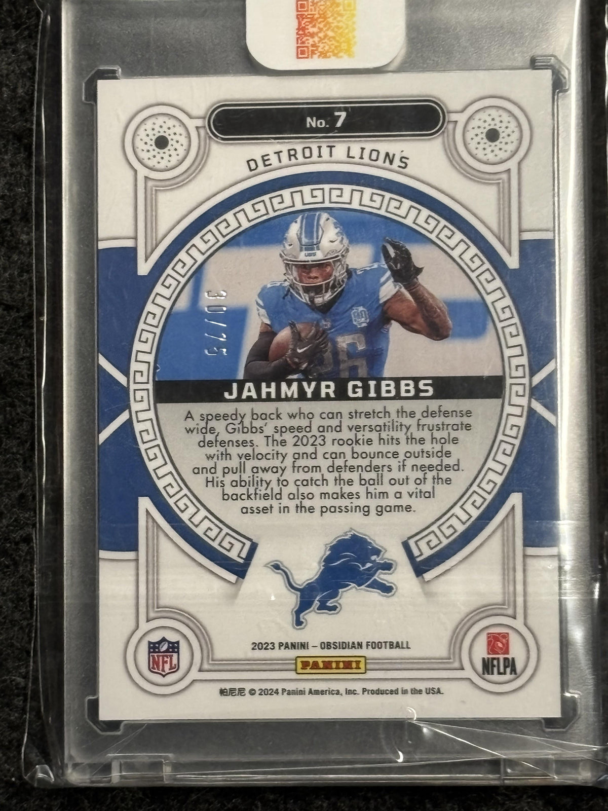 2023 Panini Obsidian #7 Jahmyr Gibbs Orbital Electric Etch Purple #/75 Detroit Lions SN