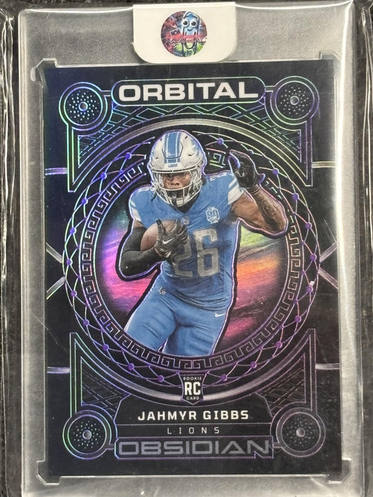 2023 Panini Obsidian #7 Jahmyr Gibbs Orbital Electric Etch Purple #/75 Detroit Lions SN
