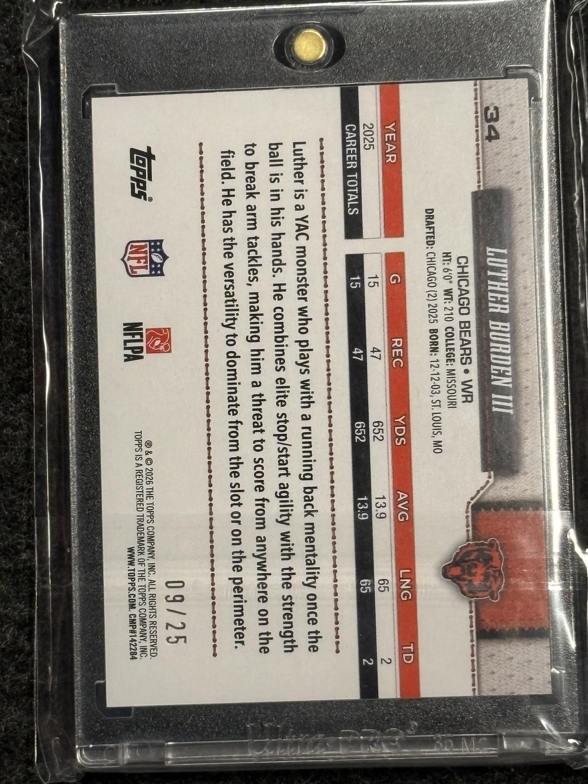 2026 Topps Flagship #34 Luther Burden III Orange Holo Foil #/25 Chicago Bears SN