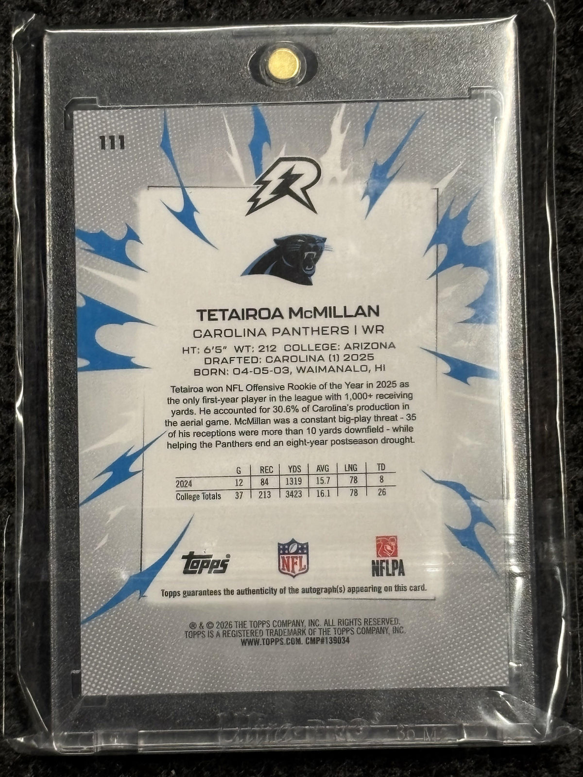 2025 Topps Resurgence #111 Tetairoa McMillan Signatures Aqua Surge Refractor #/250 Carolina Panthers SN, AU