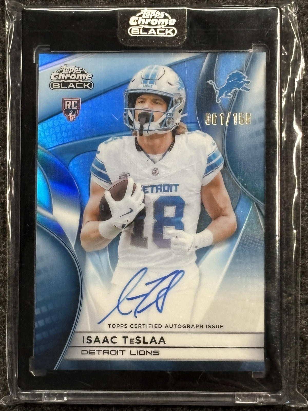 2025 Topps Chrome Black #RAU-IT Isaac TeSlaa Rookie Autographs Blue Refractor #/150 Detroit Lions SN, AU