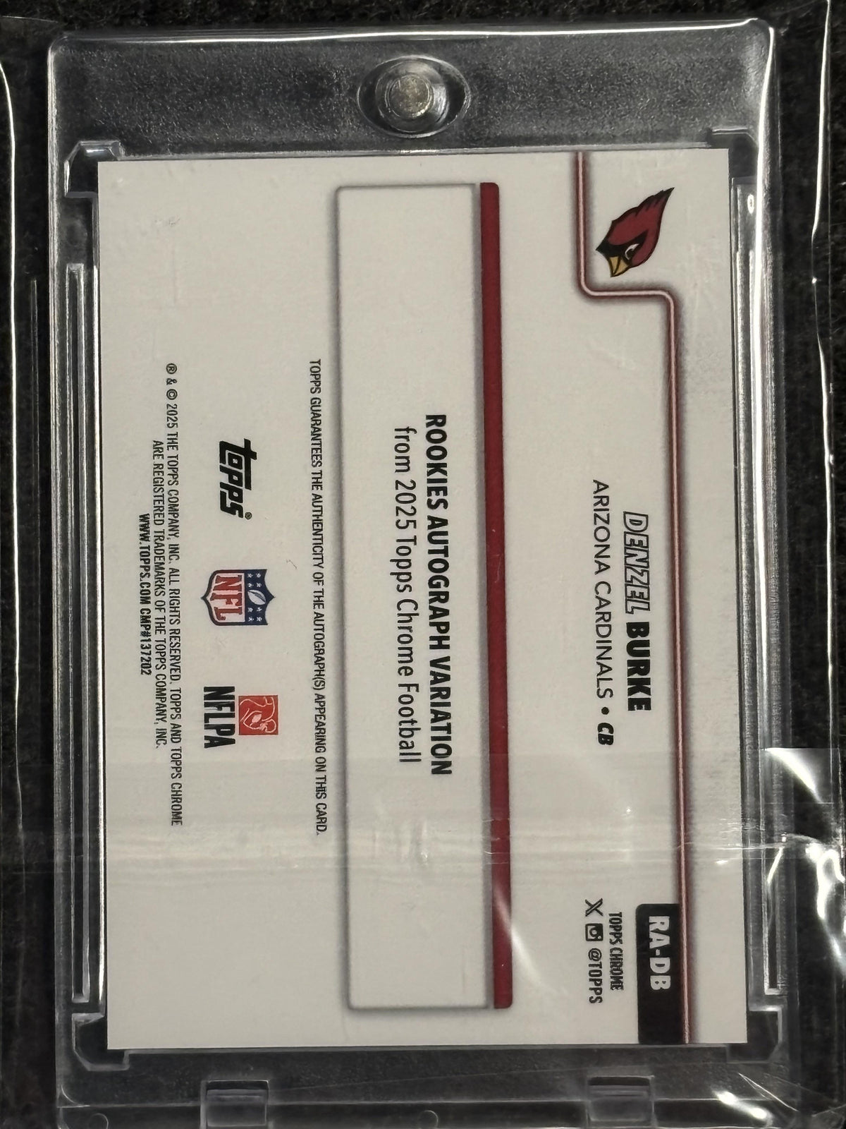 2025 Topps Chrome #RA-DB Denzel Burke Chrome Rookie Autographs Green Refractor #/99 Arizona Cardinals SN, AU