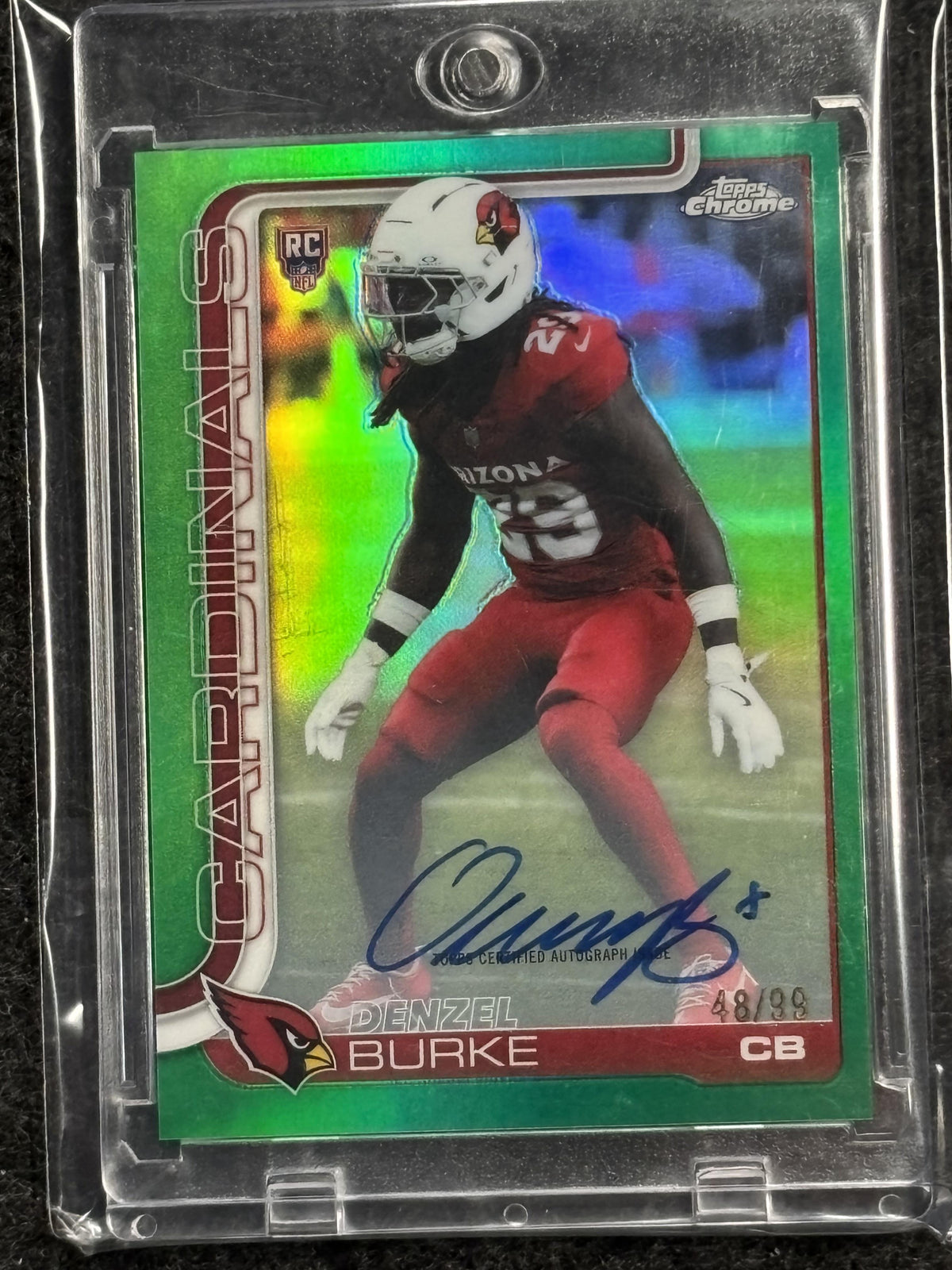 2025 Topps Chrome #RA-DB Denzel Burke Chrome Rookie Autographs Green Refractor #/99 Arizona Cardinals SN, AU