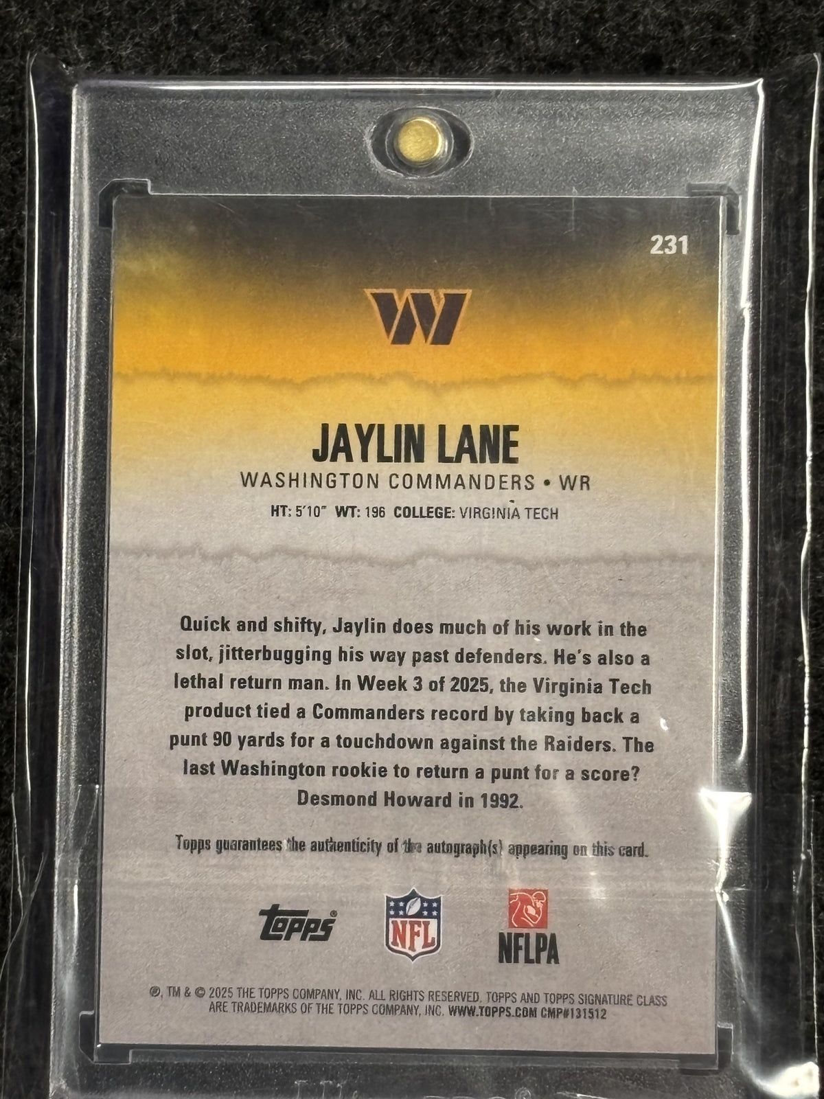 2025 Topps Signature Class #231 Jaylin Lane Autographs Orange #/50 Washington Commanders SN, RC, AU