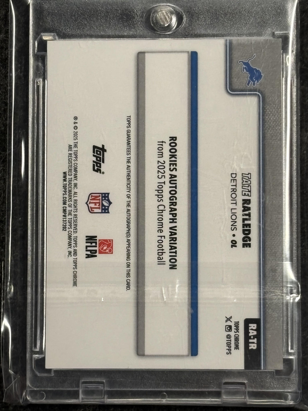 2025 Topps Chrome #RA-TR Tate Ratledge Chrome Rookie Autographs Red Wave Refractor #/5 Detroit Lions SN, AU