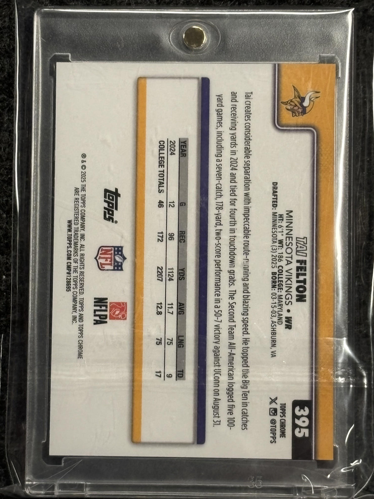 2025 Topps Chrome #395 Tai Felton Back Etch /10 Minnesota Vikings SN, RC