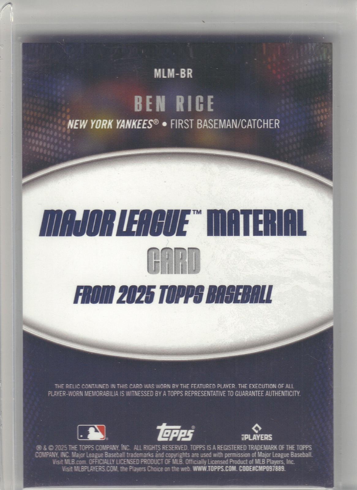 2025 Topps #MLM-BR Ben Rice Major League Material Relics (Series One) New York Yankees MEM