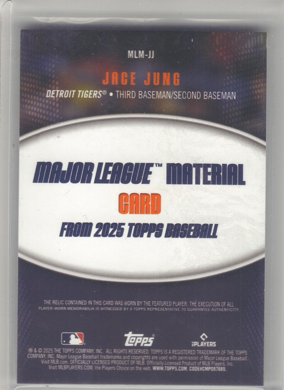 2025 Topps #MLM-JJ Jace Jung Major League Material Relics (Series One) Detroit Tigers MEM