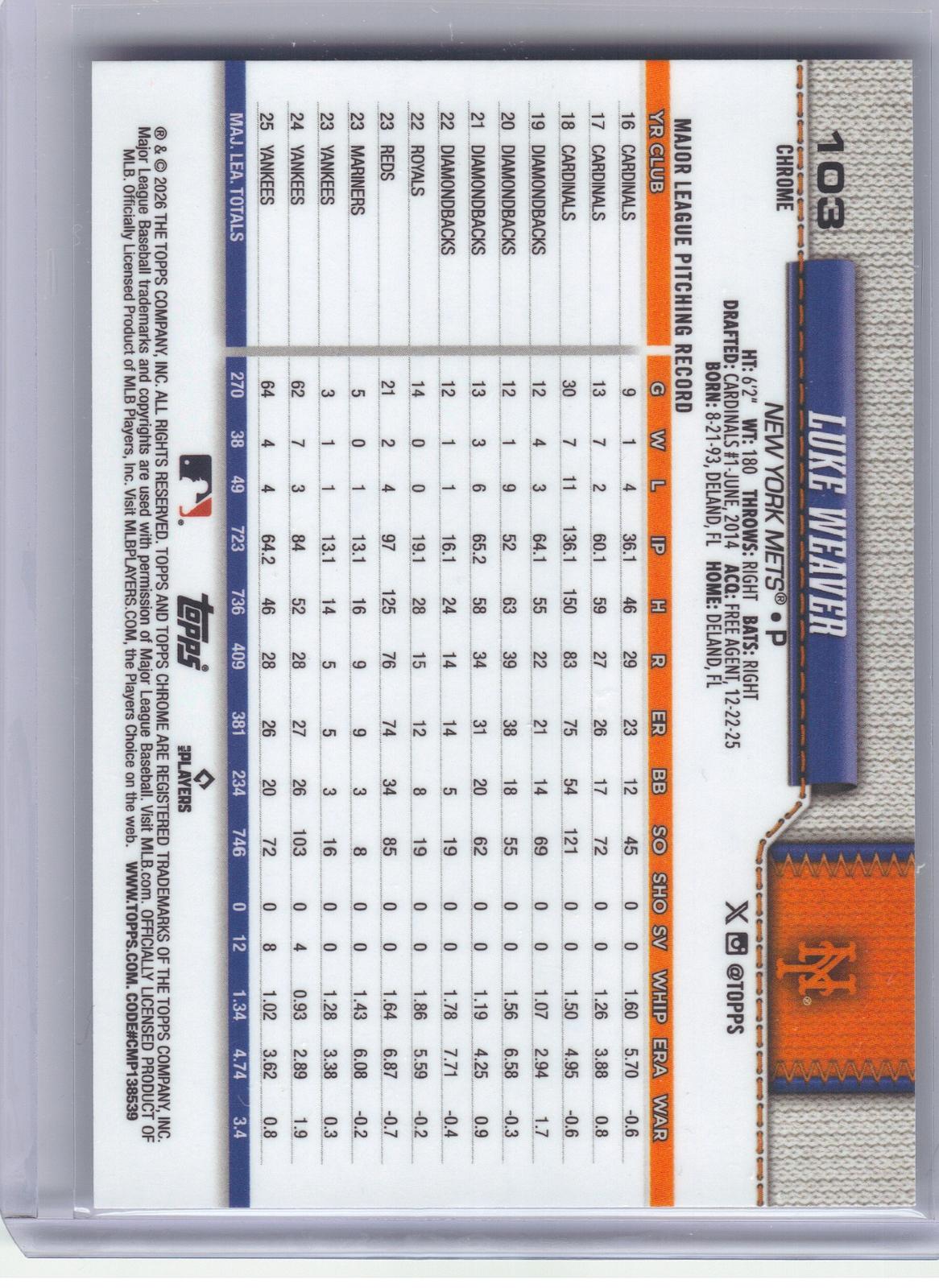2026 Topps Chrome Logofractor Edition #103 Luke Weaver New York Mets
