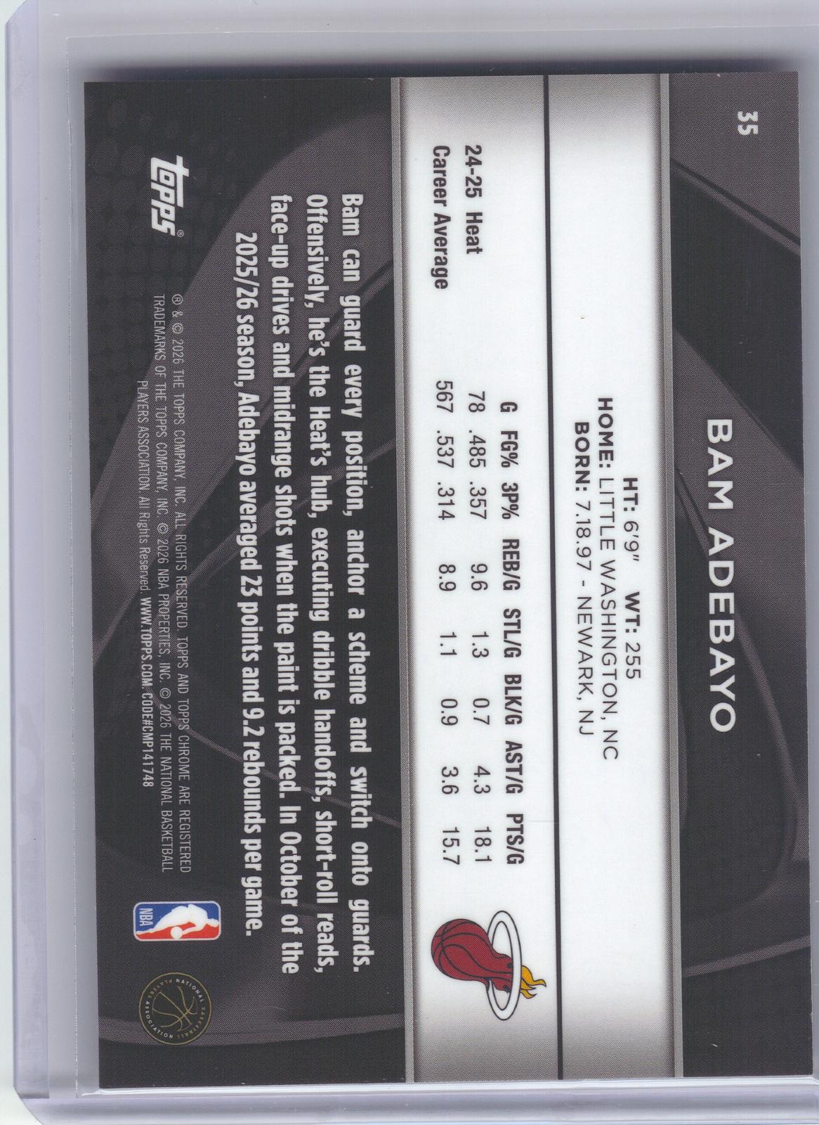 2025-26 Topps Chrome Black #35 Bam Adebayo Green Refractor #/99 Miami Heat SN