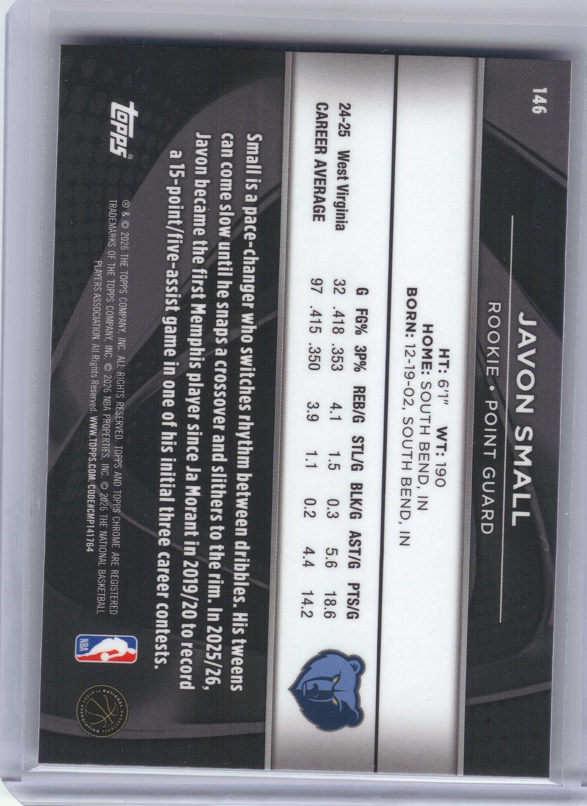 2025-26 Topps Chrome Black #146 Javon Small Memphis Grizzlies RC