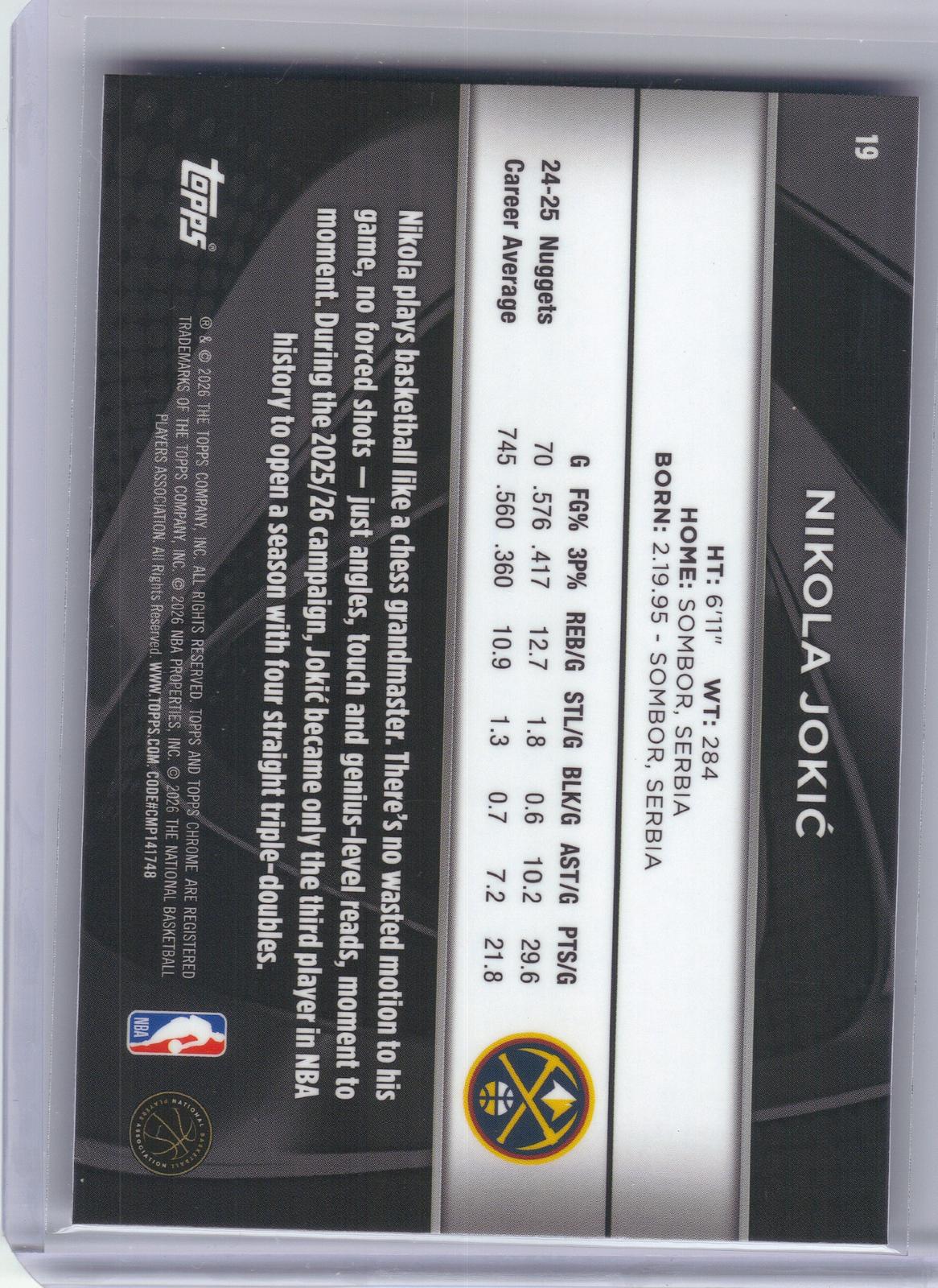 2025-26 Topps Chrome Black #19 Nikola Jokić Denver Nuggets