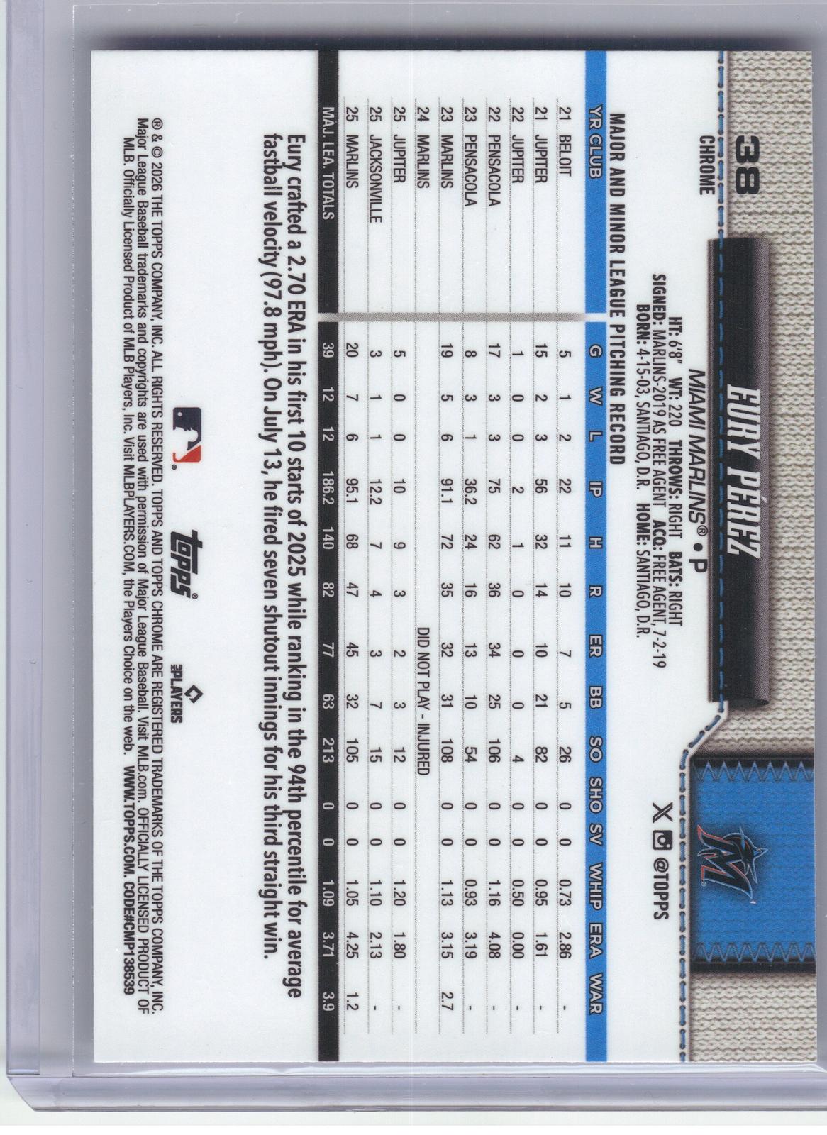 2026 Topps Chrome Logofractor Edition #38 Eury Perez Miami Marlins