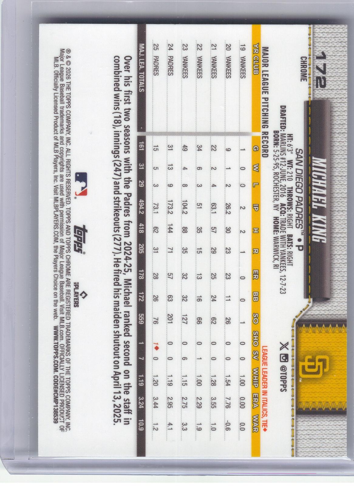 2026 Topps Chrome Logofractor Edition #172 Michael King Green Refractor #/99 San Diego Padres SN