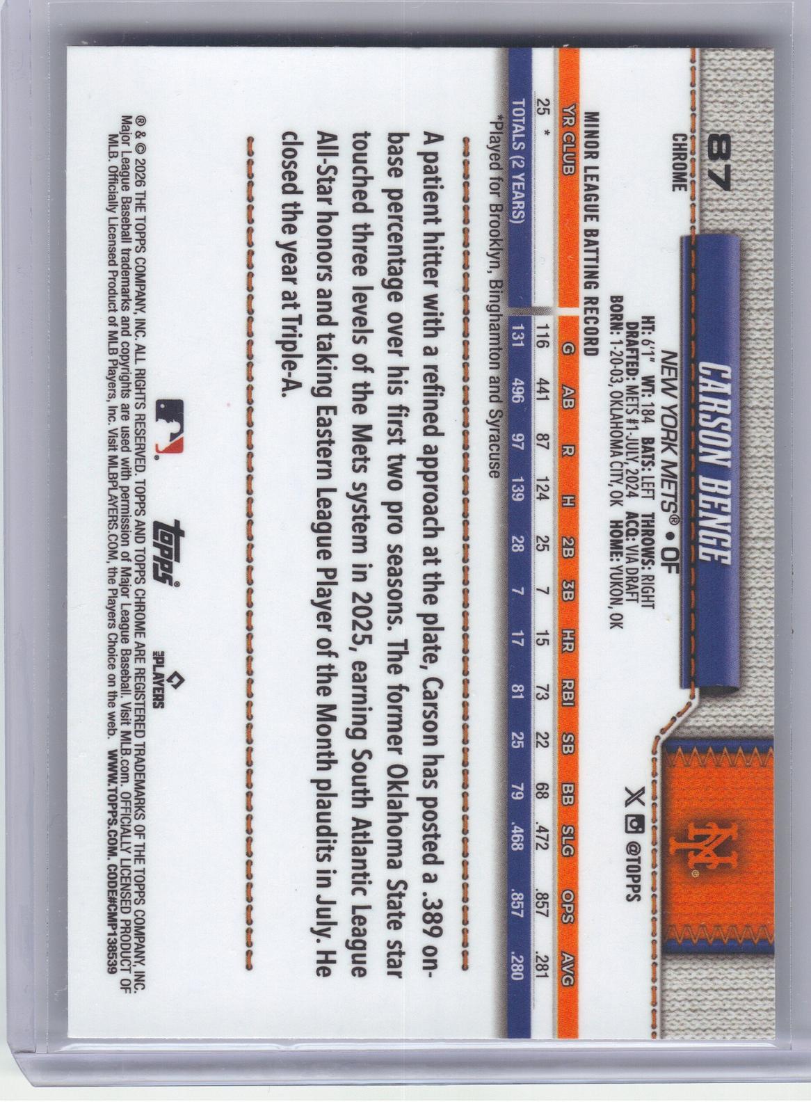2026 Topps Chrome Logofractor Edition #87 Carson Benge New York Mets RC