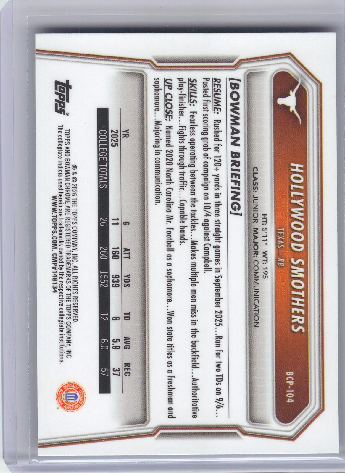 2026 Bowman #BCP-104 Hollywood Smothers Chrome Prospects Texas Longhorns