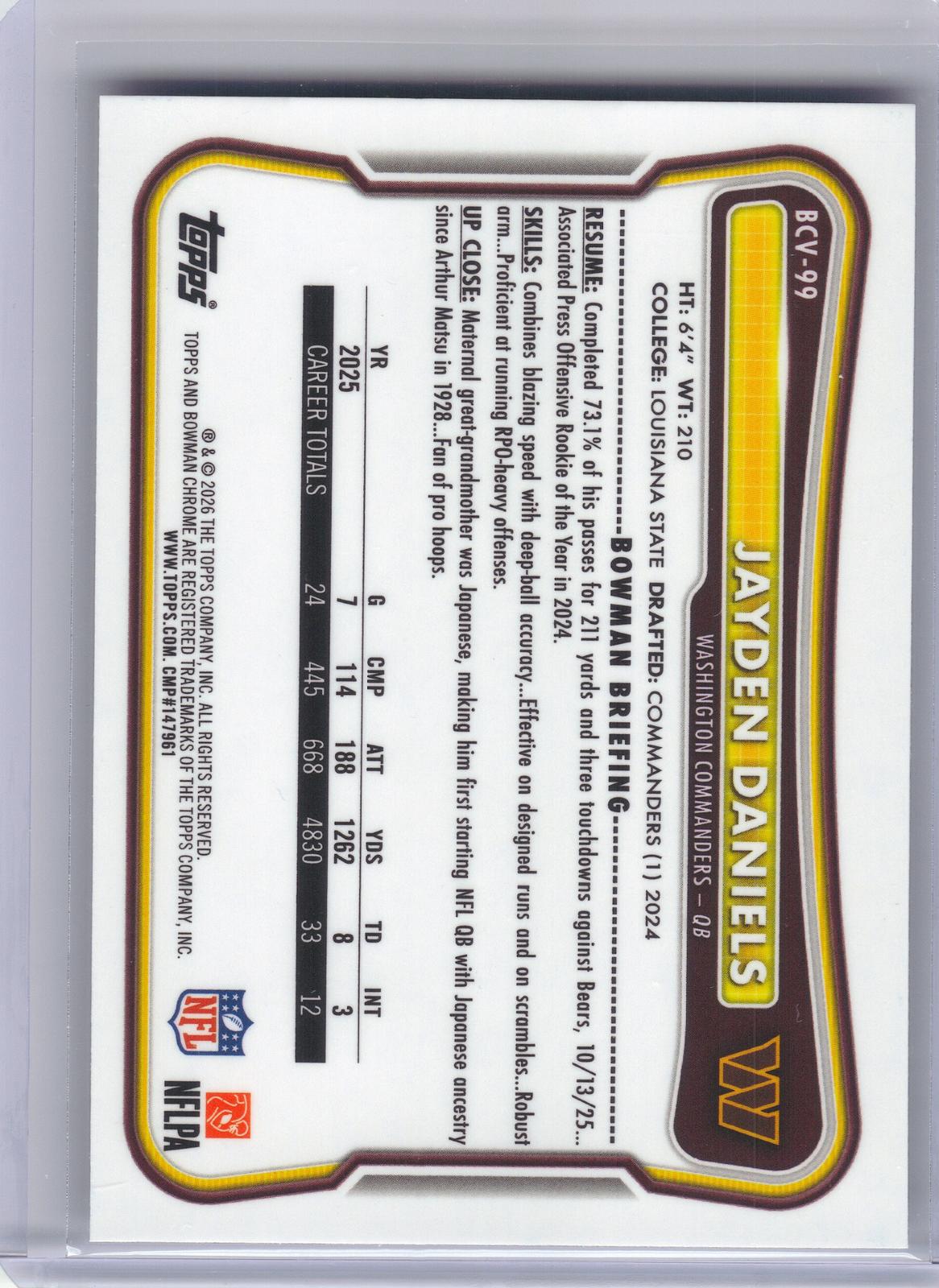 2026 Bowman #BCV-99 Jayden Daniels Chrome Washington Commanders