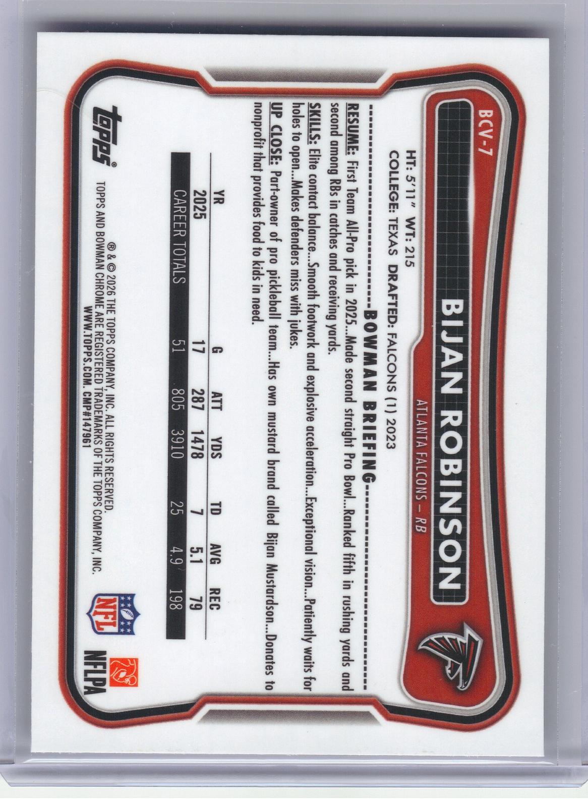 2026 Bowman #BCV-7 Bijan Robinson Chrome Atlanta Falcons