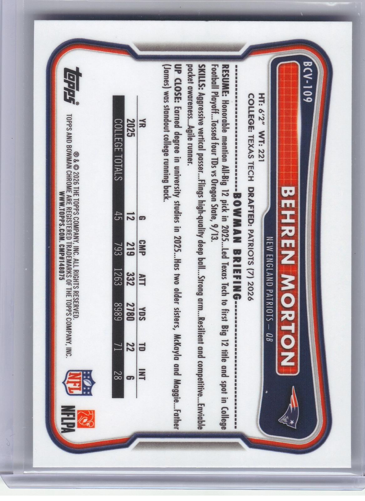 2026 Bowman #BCV-109 Behren Morton Chrome New England Patriots