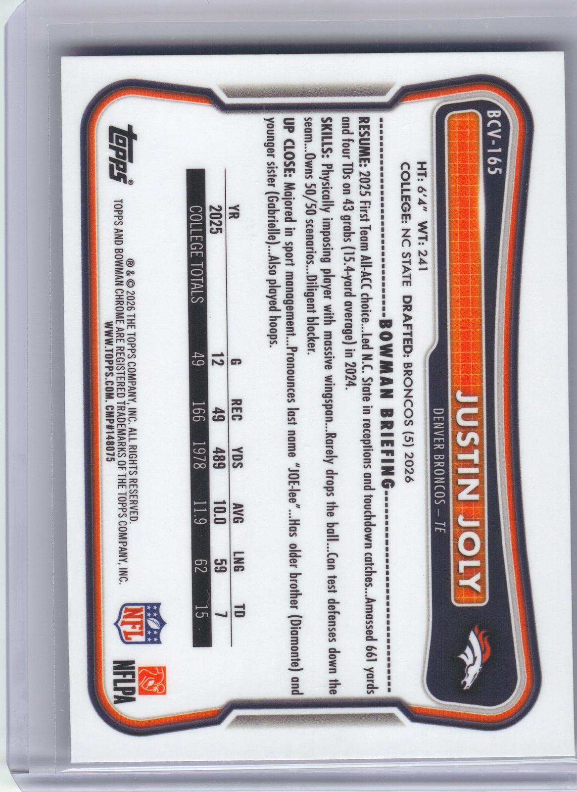 2026 Bowman #BCV-165 Justin Joly Chrome Purple Mojo Refractor #/75 Denver Broncos SN