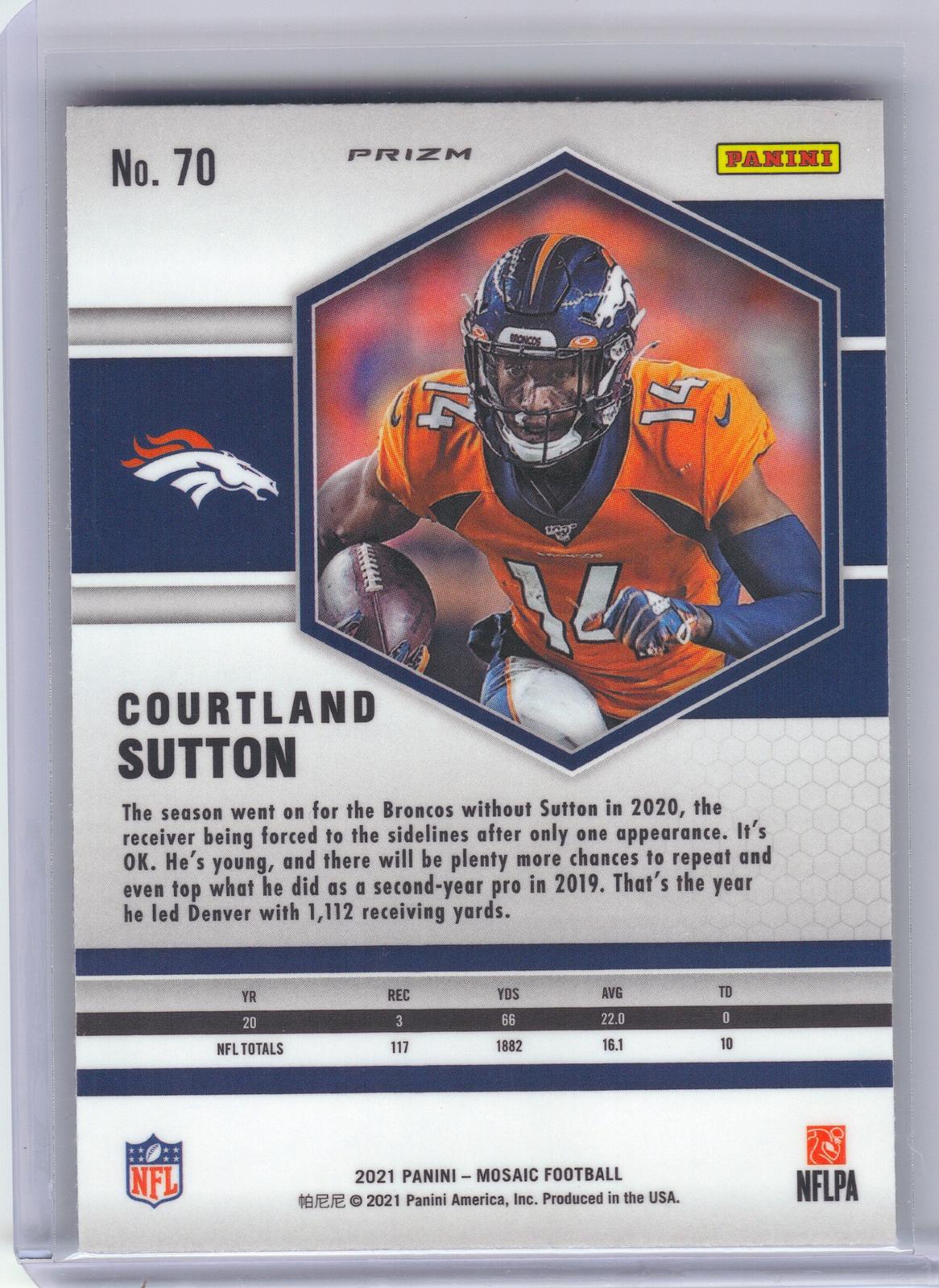2021 Panini Mosaic #70 Courtland Sutton Prizm Reactive Yellow Denver Broncos