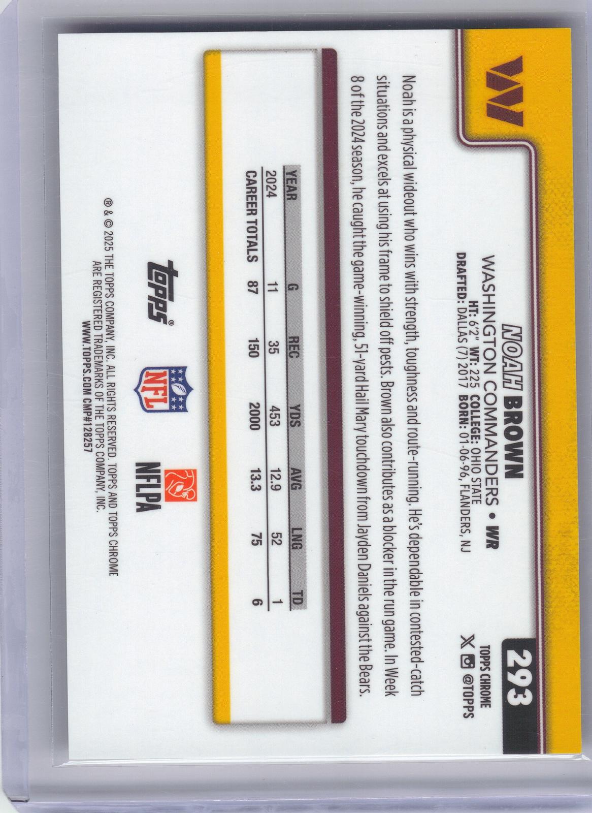 2025 Topps Chrome Sapphire Edition #293 Noah Brown Gold Sapphire #/50 Washington Commanders SN