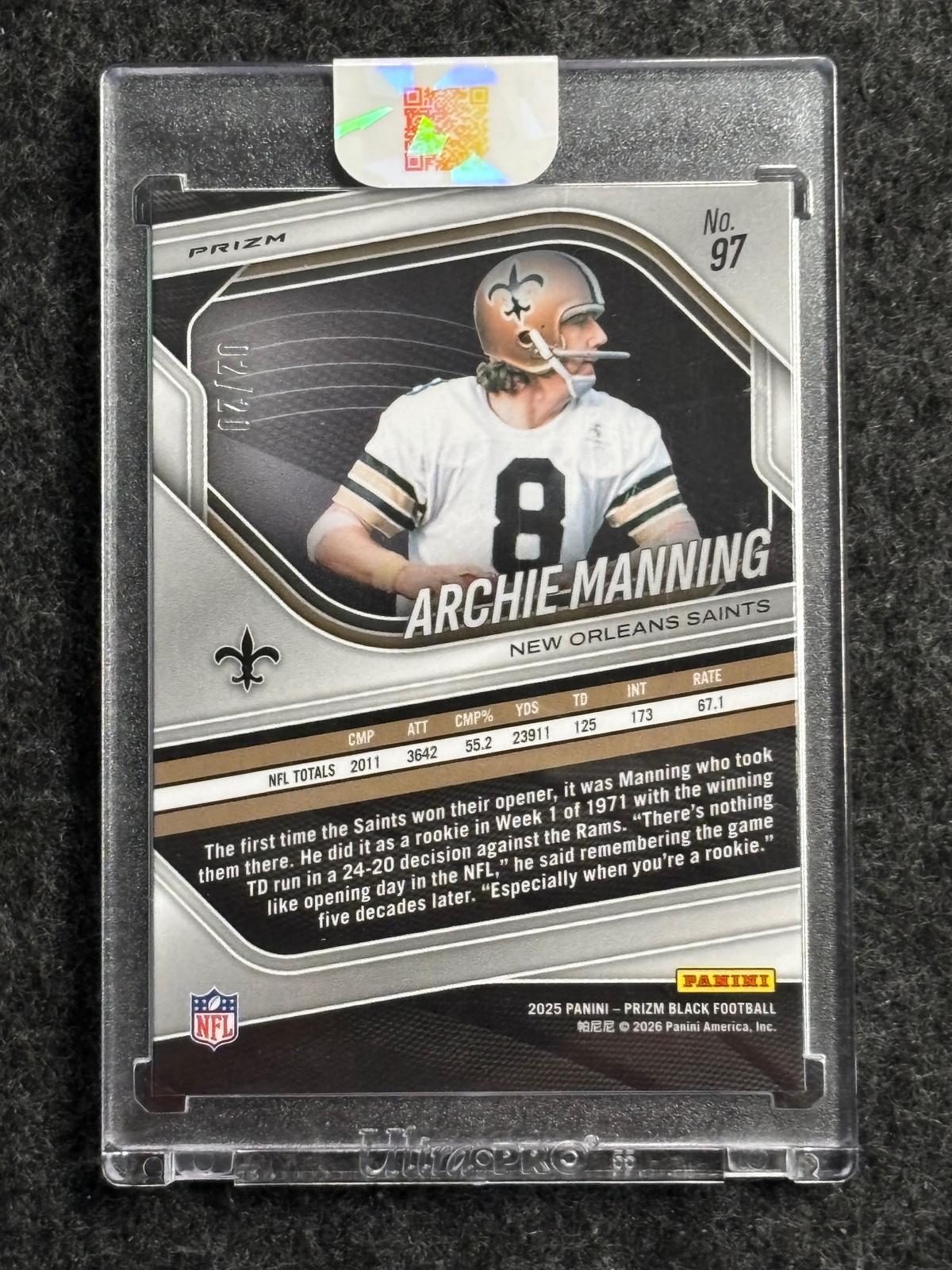 2025 Panini Prizm Black #97 Archie Manning Prizm Cherry Blossom #/20 New Orleans Saints SN