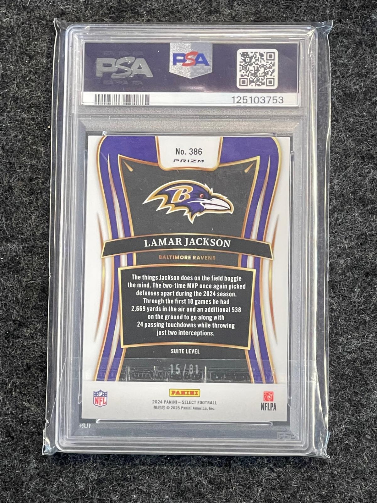 2024 Panini Select #386 Lamar Jackson Dragon Scale Prizm PSA 10 #/81 Baltimore Ravens SN