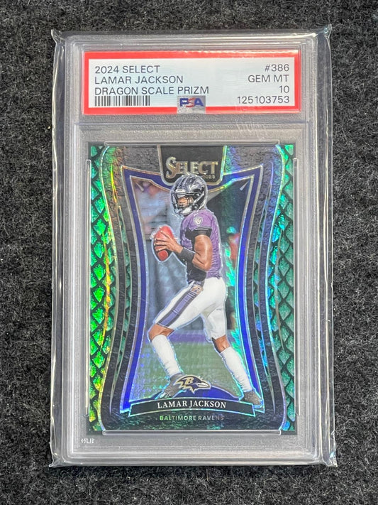 2024 Panini Select #386 Lamar Jackson Dragon Scale Prizm PSA 10 #/81 Baltimore Ravens SN