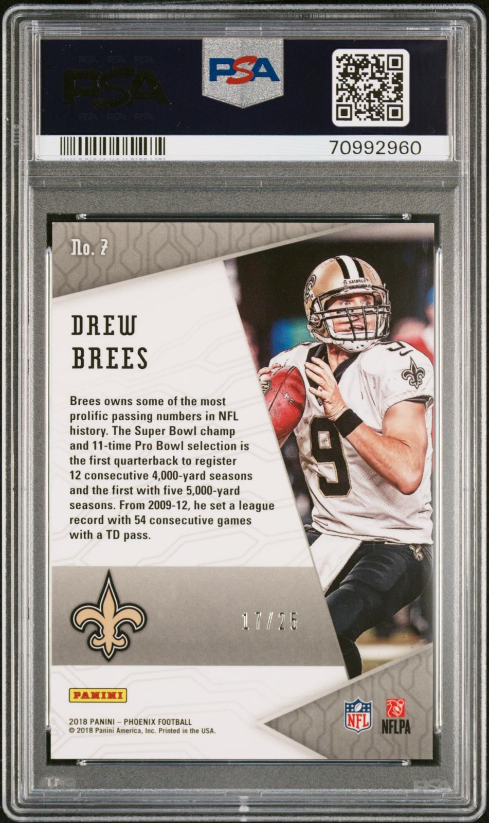 2018 Panini Phoenix Qb Vision #7 Drew Brees Qb Vision-Yellow PSA 10 #/25 New Orleans Saints SN