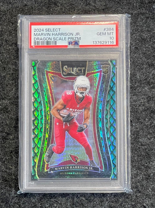 2024 Panini Select #384 Marvin Harrison Jr. Dragon Scale Prizm PSA 10 #/81 Arizona Cardinals SN, RC