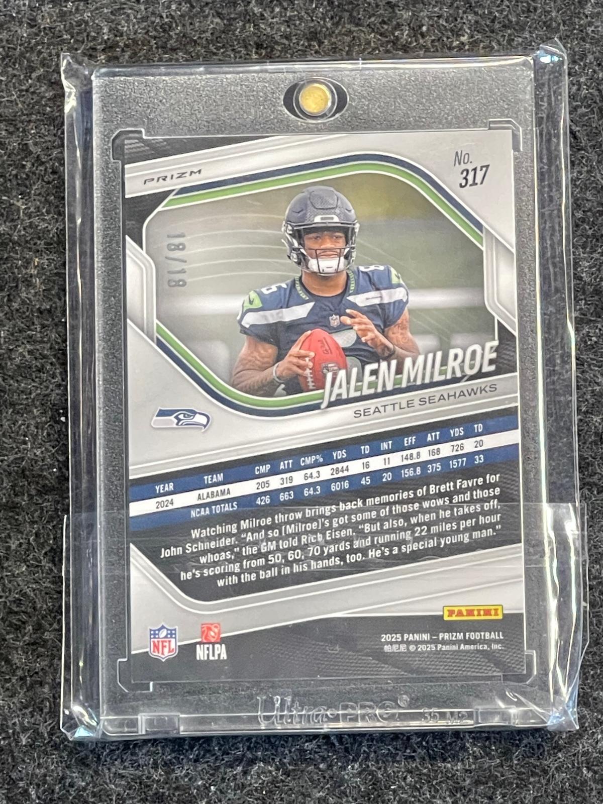 2025 Panini Prizm #317 Jalen Milroe Lotus Flower #/18 Seattle Seahawks SN