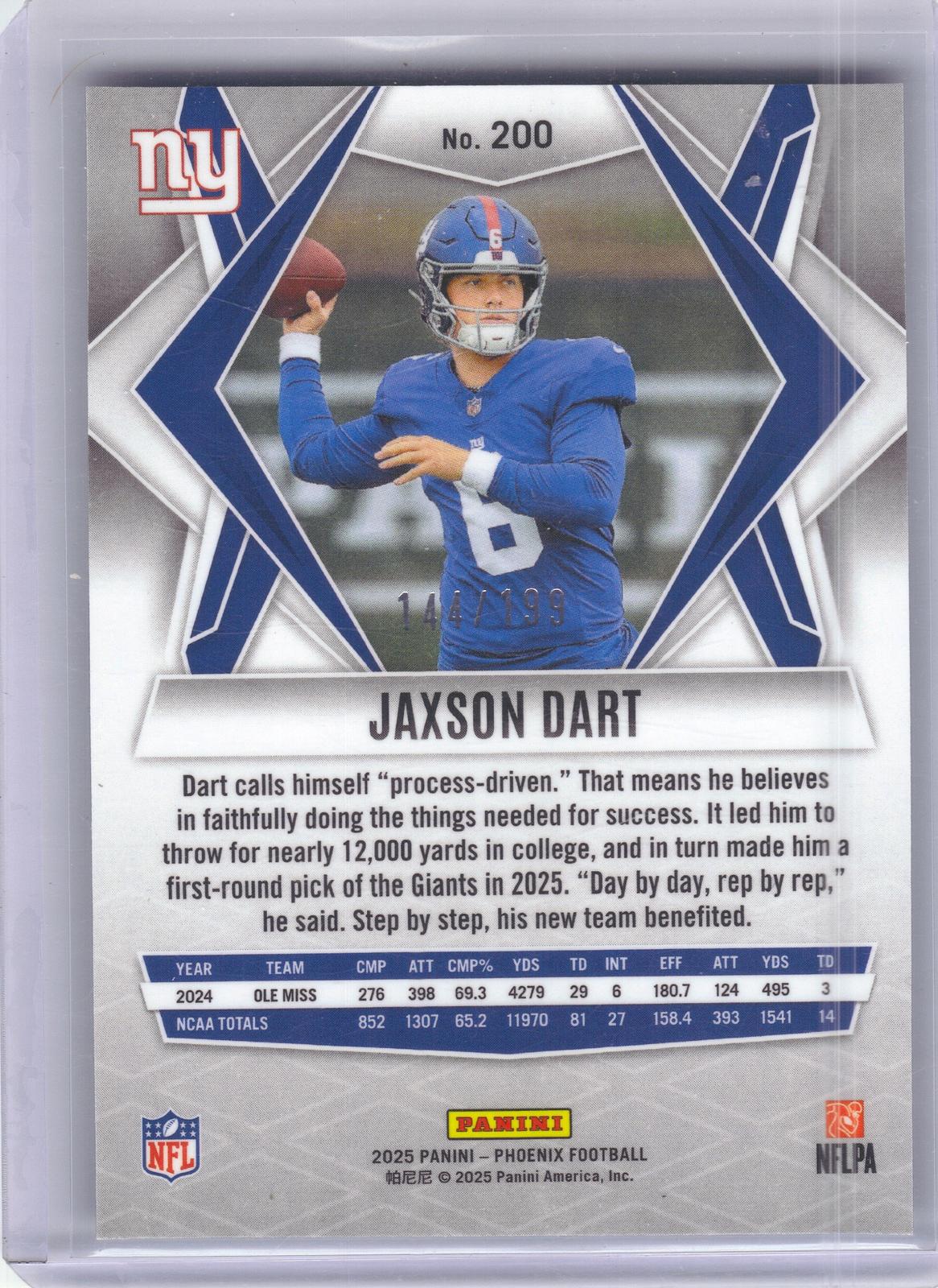 2025 Panini Phoenix #200 Jaxson Dart Wave Prizm #/199 New York Giants SN, RC