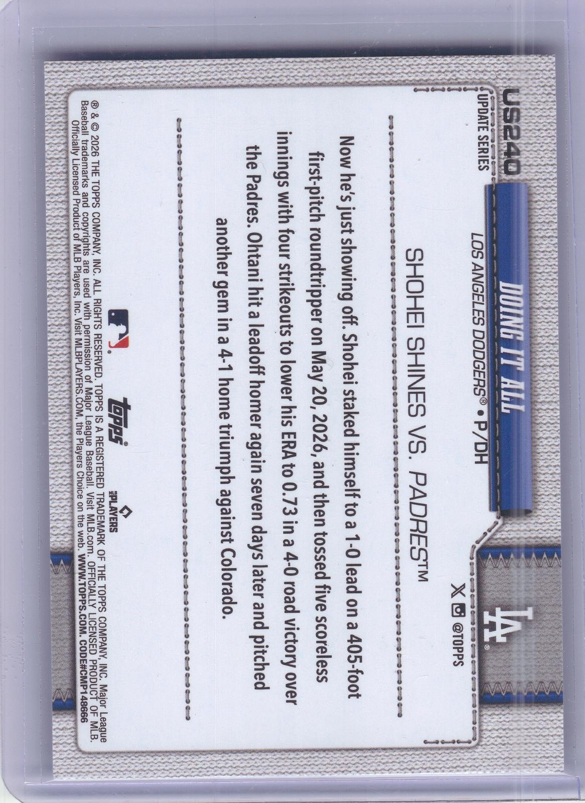 2026 Topps Update #US240 Doing it All Sandglitter Los Angeles Dodgers