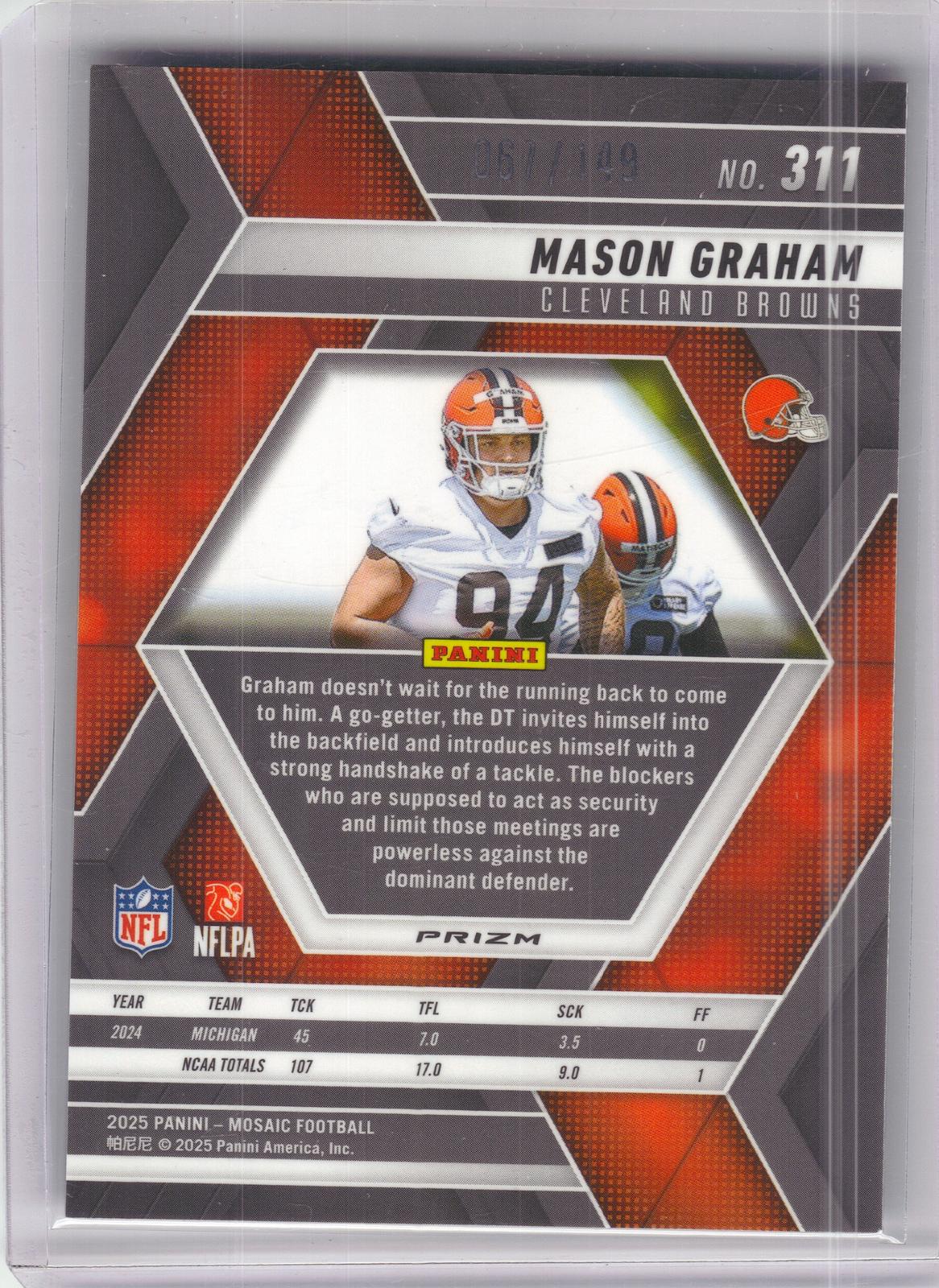 2025 Panini Mosaic #311 Mason Graham Silver Knight #/149 Cleveland Browns SN, RC