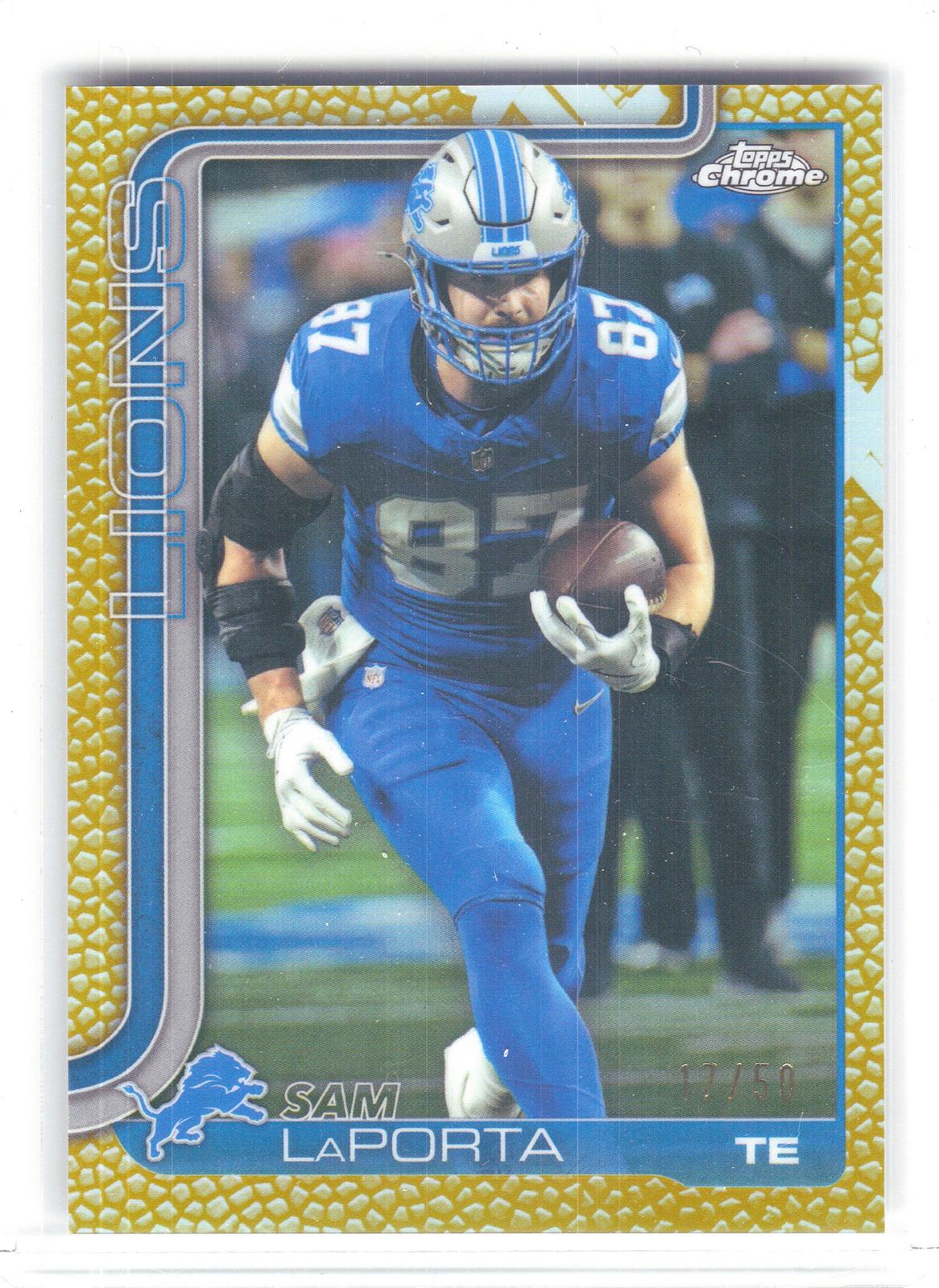 2025 Topps Chrome #100 Sam LaPorta Football Leather Gold #/50 Detroit Lions SN
