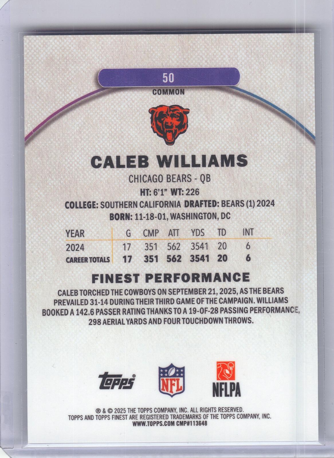 2025 Finest #50 Caleb Williams Purple Geometric Refractor #/150 Chicago Bears SN